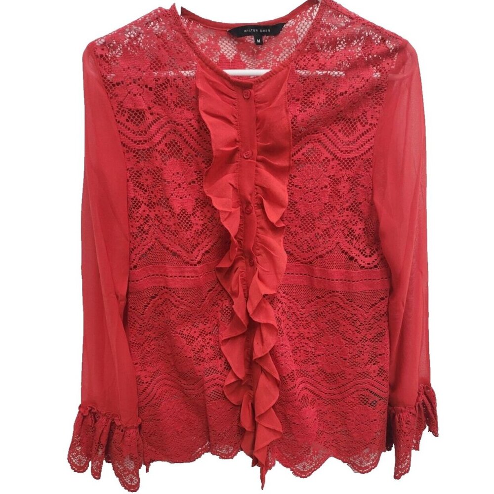 Walter Baker Womens Ruffled‎ Blouse Top Medium Red Lace Long Sleeve Fairy